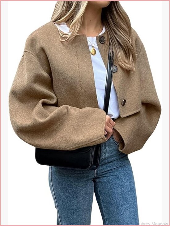 Jackets & Blazers - Cropped Wool Blend Pea Coat Short Jacket Long Sleeve Button Down